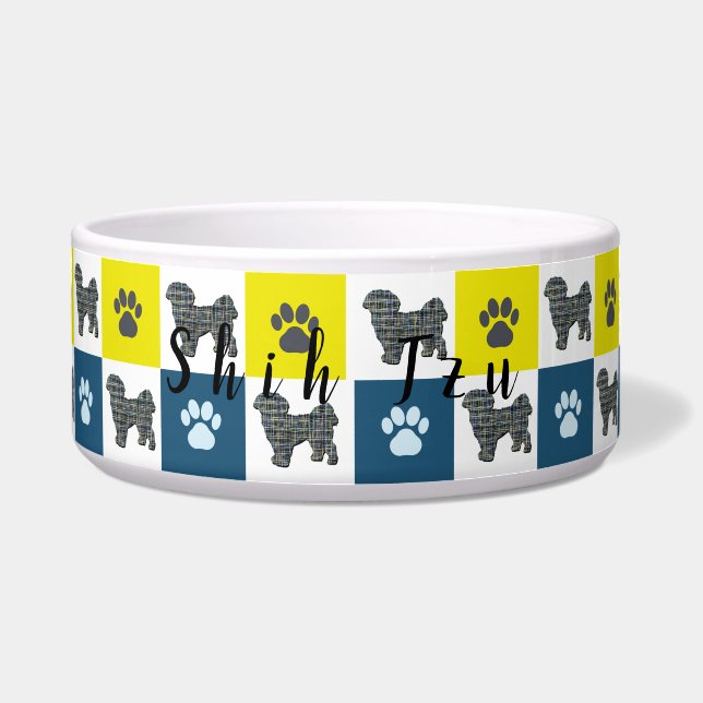 Tigela Shih Tzu Dog & Paw Print Yellow Grid Pet Bowl (Frente)