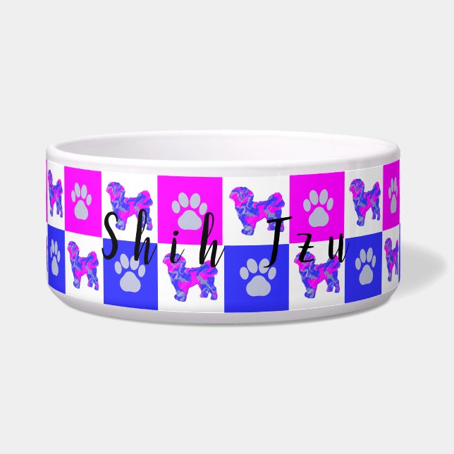 Tigela Shih Tzu Silhouette Dog & Paw Hot Pink & Blue (Frente)