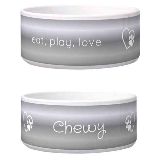 Tigela Silver 'eat, play, love' Dog Name Bowl (Criador carregado)