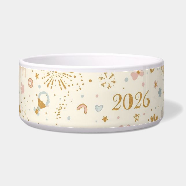 Tigela Sparkling Stars & Paw Prints New Year 2026 (Frente)