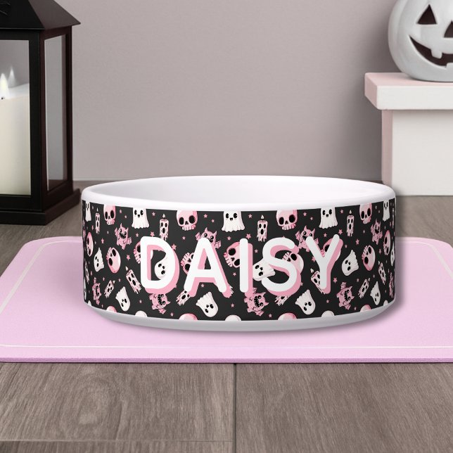 Tigela Spooky Cute Custom Name Pink & Black Halloween Dog (Spooky Cute Custom Name Pink & Black Halloween Dog Bowl
)