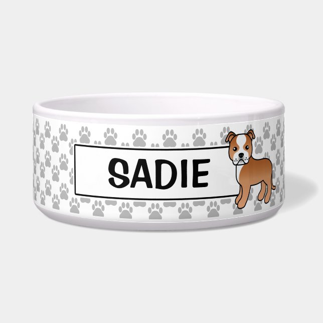 Tigela Staffie Vermelho e Branco com Nome Personalizado (Frente)