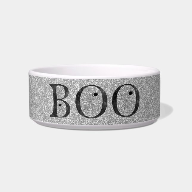 Tigela Stylish Faux Silver Glitter Boo Halloween Dog (Frente)