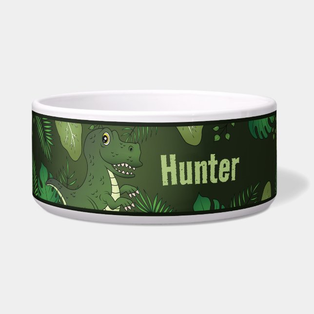 Tigela T-rex Com Plantas Tropicais Verdes E Nome Personal (Frente)