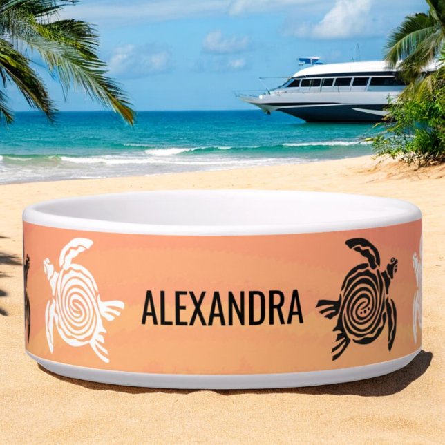Tigela Tartarugas do Mar Negro e Tripas Laranja Pet (custom pet bowl front with tribal turtle design)