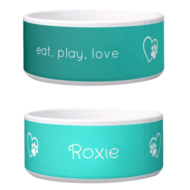 Tigela Teal 'eat, play, love' Dog Name Bowl (Criador carregado)