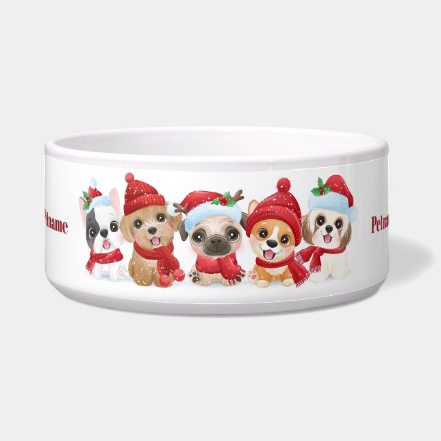 Tigela Texto personalizado Puppies de Natal (Frente)