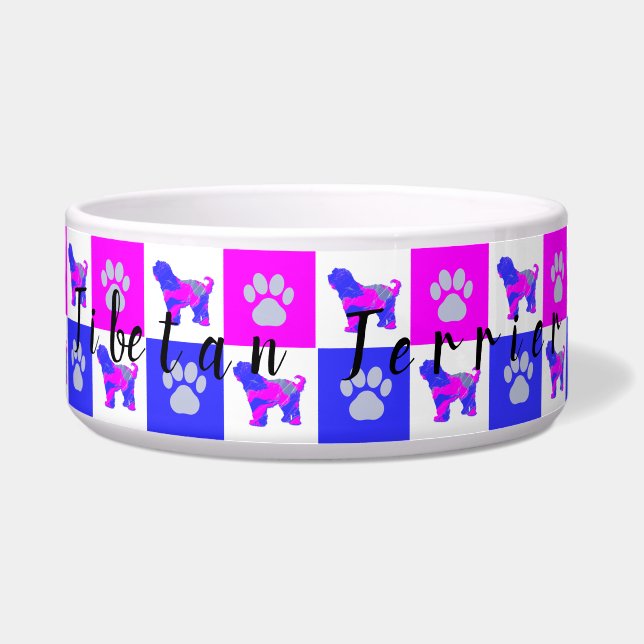 Tigela Tibetano Terrier Dog & Paw Hot Pink & Blue Pet Bow (Frente)