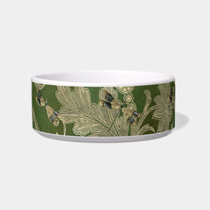 Tigela Vintage Green Tan Damask Floral Dragonflies Pet