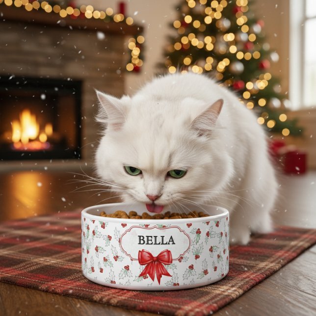 Tigela Watercolor Holly Berries Red Ribbon Custom Pet (Criador carregado)