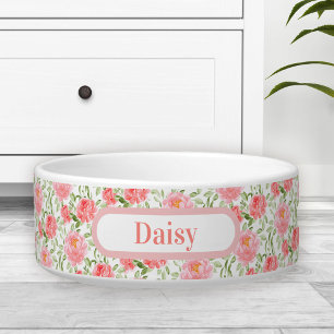 Tigela Watercolor Peony Floral Primavera Nome Pet Bowl