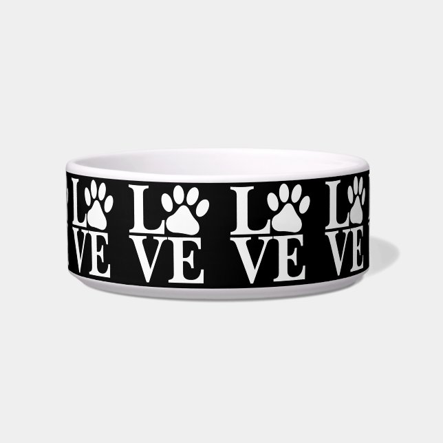 Tigela White LOVE Word Dog Paws Padrão Preto Fundo (Frente)