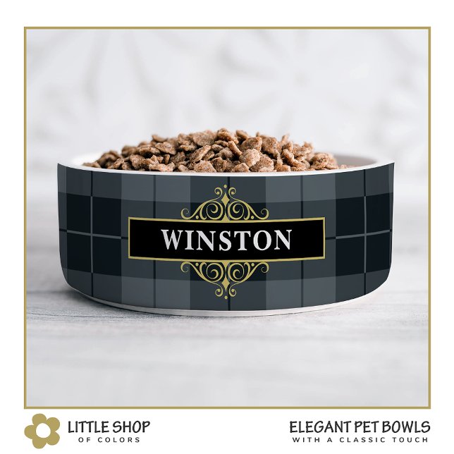 Tigela Xadrez Dourada de Tartan Preta Personalizada (Criador carregado)