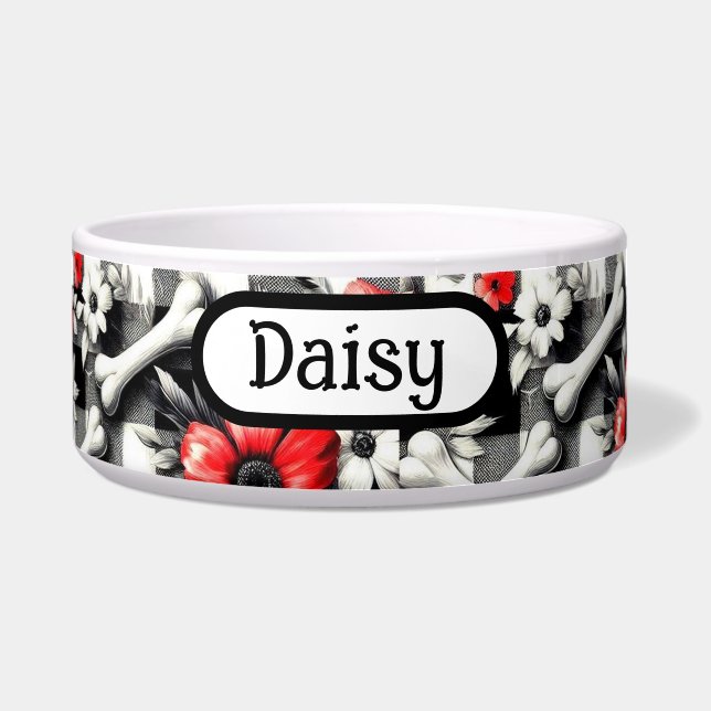 Tigela Xadrez Escocês Gingham Preto Branco Vermelho Flora (Frente)