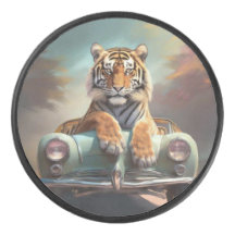 Tiger sitting on a sports car 