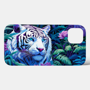 Tigre branco em flores roxas