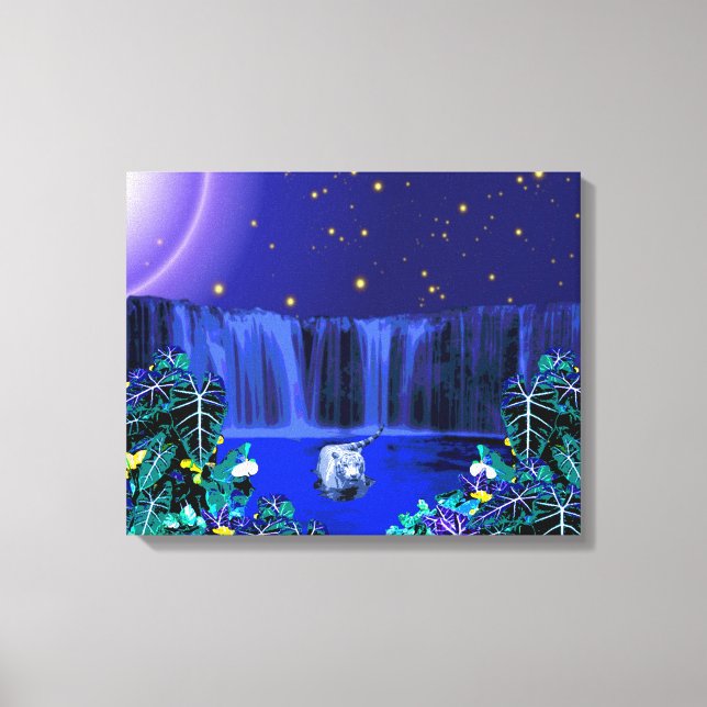 Tigre Branco Noturno Tropical Waterfall Canvas Pri (Frente)
