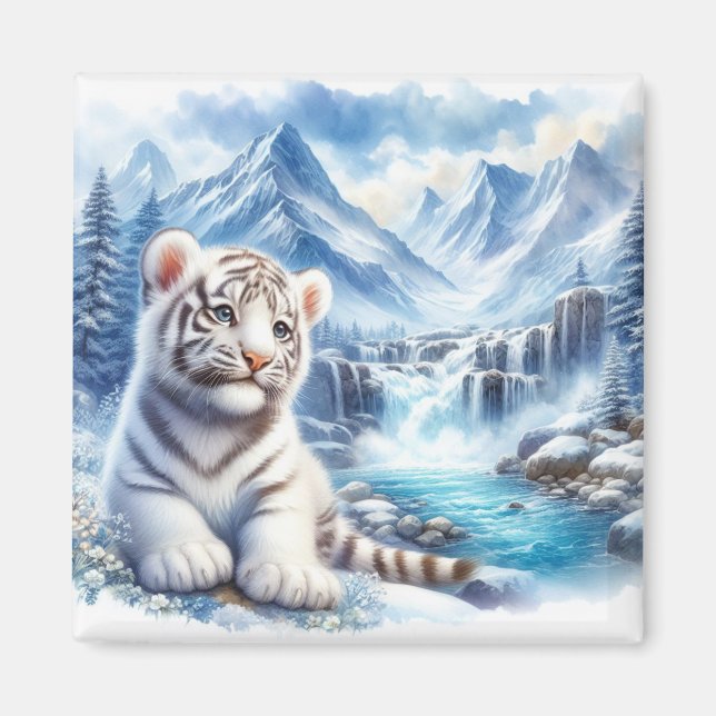 Tigre branco para bebê, imã de geladeira para neve (Frente)