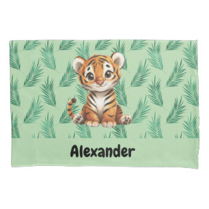 Tigre de desenho animado em folhas tropicais