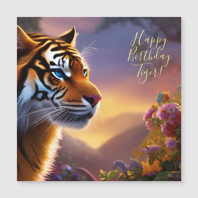 Tigre de olhos azuis e flores cor-de-rosa (Frente)