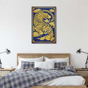 Tigre Imperial – Impressão em Tela Dourada e Azul