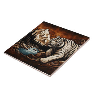 Tigre por rio na Cena de Montanha