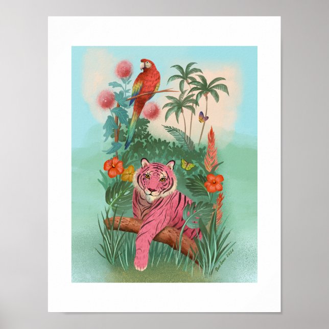 Tigre rosa e Impressão de Arte Tropical da Selva (Frente)