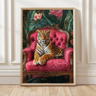 Tigre Tropical em Sofá Rosa Poster Eclectic Tiger