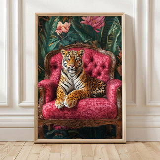 Tigre Tropical em Sofá Rosa Poster Eclectic Tiger