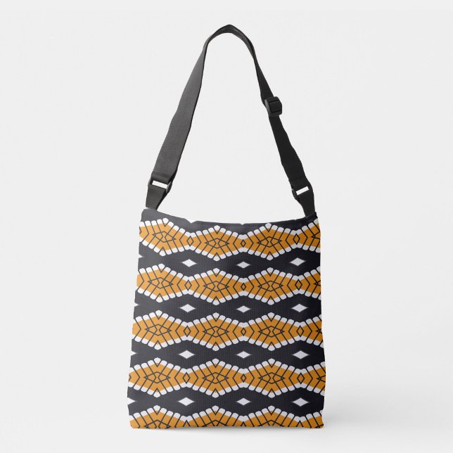 Tile Grid Tote  (Bold shoulder bag with tribal-inspired orange, black, and white geometric pattern—style that speaks.)