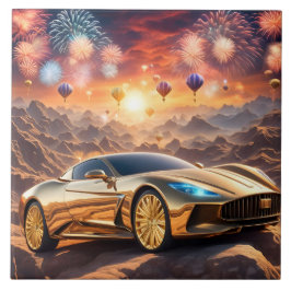 tile with a golden luxury car in desert landscape