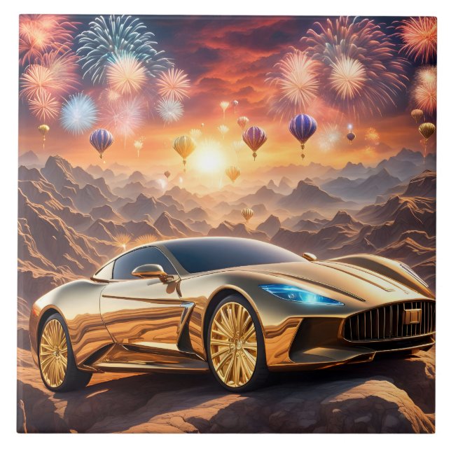 tile with a golden luxury car in desert landscape (Frente)