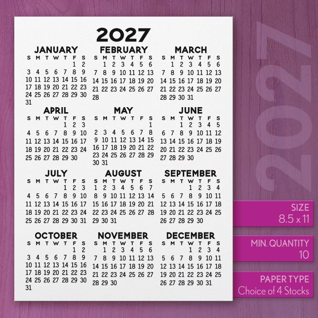 Timbrado Calendário de 2027 em Papel Carta com Cabeçalho (2027 Calendar on US Standard Size Letter Paper)