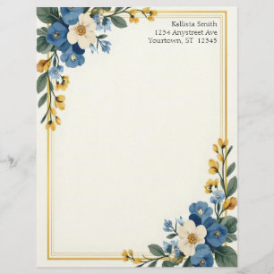 Timbrado Papel de Escritório Cantos Florais Azul e Branco