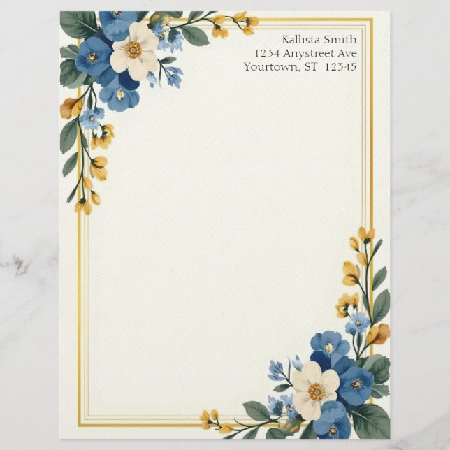 Timbrado Papel de Escritório Cantos Florais Azul e Branco (Frente)