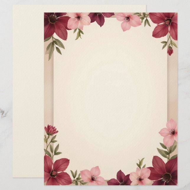 Timbrado Papel de Escritório com Borda Burgundy e Rosa (Frente/Verso)
