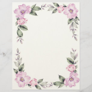 Timbrado Papel de Escritório com Borda Floral Rosa Pálido