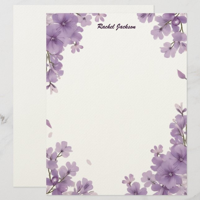 Timbrado Papel de Escritório Floral Roxo (Frente/Verso)