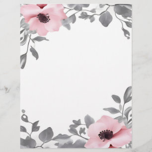 Timbrado Papel de Papelaria com Flores Rosa e Acentos Cinza