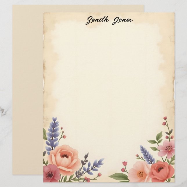 Timbrado Papel de Papelaria Flores Pastel Suaves (Frente/Verso)
