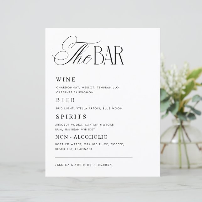 Timeless Luxe Script Classy Wedding Bar Drink Menu (Em pé/Frente)