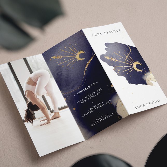 Tinta Escura da Lua Escura da Lua Holística Celest (Holistic Celestial Sun Moon Dark Ink Yoga Tri-Fold)