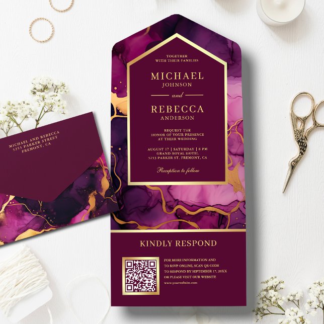 Tinta Fluida Abstrata Plum Gold Código QR Casament (Criador carregado)