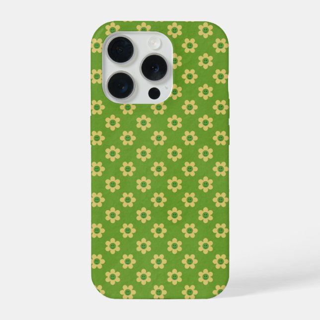 Tiny daisies ,happy face, mid green Phone Case (Verso)