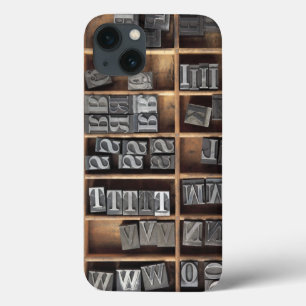 Tipo de chumbo letterpress em um gabinete