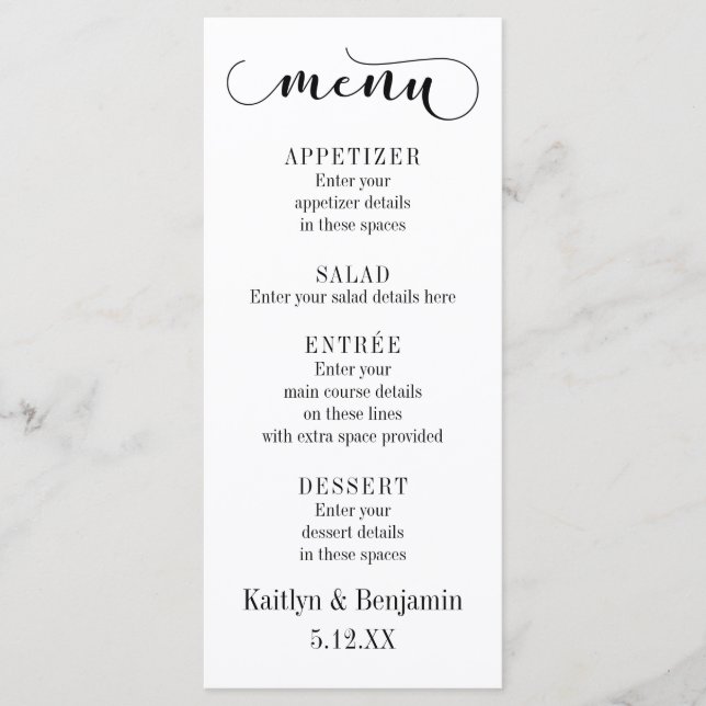 Tipografia Preta em Menu de Casamento Branco (Frente)
