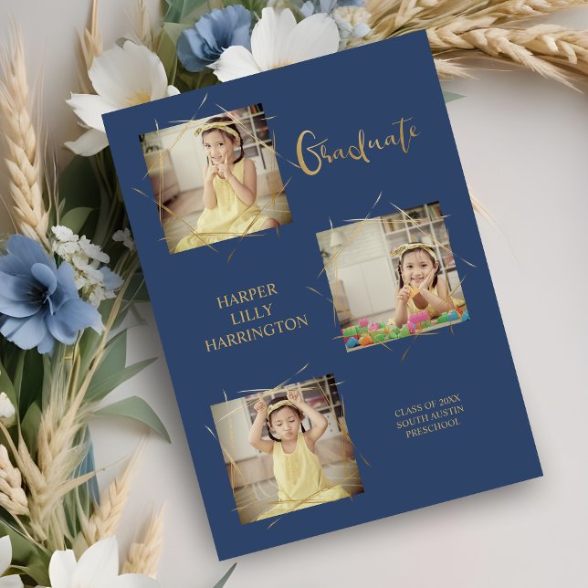 Tipografia Três Fotos Anúncio de Formando Pré-K (Calligraphy Three Photos Collage Pre-K Graduate Announcement Card in Blue. )