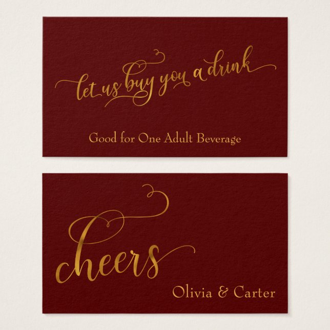 Tíquetes Bebidas, Script Dourado Elegante e Vermel (Frente & Verso)