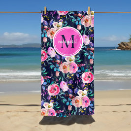 Toalha Boho Floral Rosa e Azul Marinho Monograma a