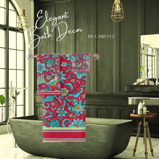 Toalha de aves, flores, azuis, vermelha, limão pál (Criador carregado)